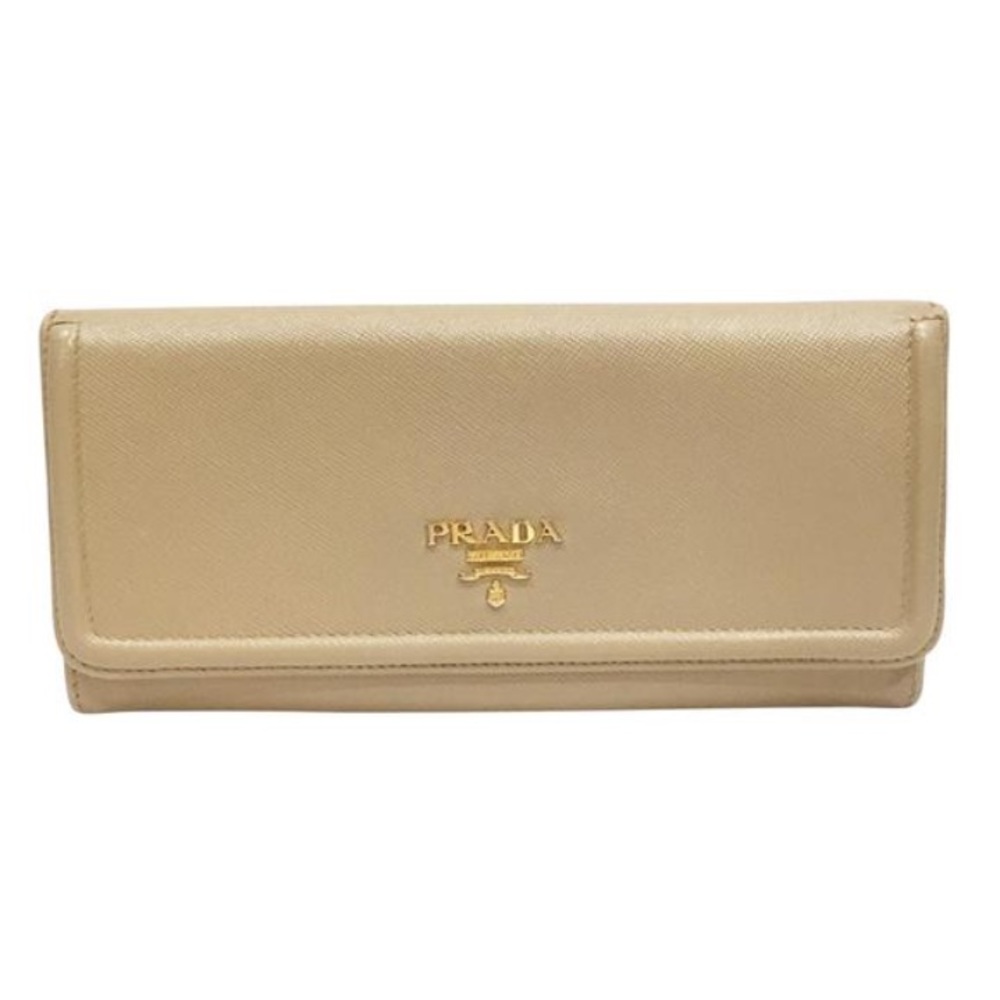 Prada tan saffiano leather long snap wallet
